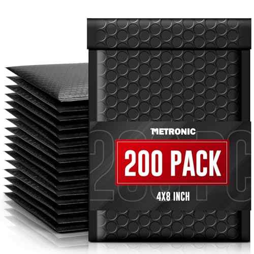 METRONIC Bubble Mailers 4x8 Inch 200 Pack Padded Envelopes Usable Size 4x7 Waterproof Black Padded Mailer Self Seal Adhesive Bubble Envelopes for Shipping Jewelry, Makeup, Small Business