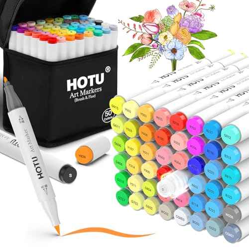 Alcohol Markers Brush Tip - 50 Colors Dual Tip Markers, Brush & Fine Alcohol-based Art Marker Set for Kids Adults Coloring Illustration, Alcohol Sketch Pens with Carrying Case, Non-Bleeding Pad