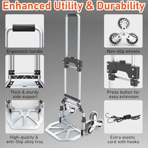 Stair Climbing Cart, 220 LBS Aluminum Stair Climber Dolly, Heavy Duty Folding Hand Truck Dolly with 6 Wheels, Telescoping Handle and Elastic Rope for Home, Moving, Groceries, Warehouse