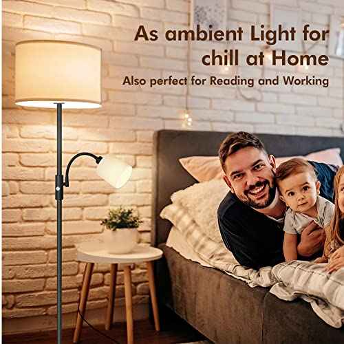 Floor Lamps Standing Lamp, Bright Stand up Lamp with Reading Light, White Lampshade, 62" Tall, 3-Way Rotary Switch, Black Corner Light for Bedroom Office, Modern Living Room Decor(LED Bulbs Included)