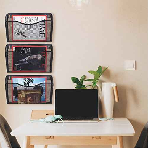 Flexzion Wall Folder File Letter Pocket Holder (6 Pack) Metal Mesh Desk Hanging Basket Box Bin Mail A4 Size Paper Document Organizer, Storage Rack Single Slot Wall Mount for Office School Home - Black