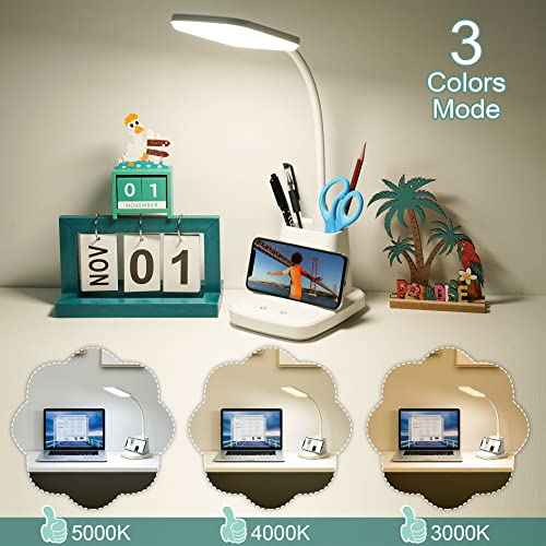 Sailstar Upgraded LED Desk Lamp with Wireless Charger, White Small Desk Light with Pen Holder, 3 Color Modes, CRI 85, 800 Lumen, Study Lamps for College Dorm Room, Home Office, Adapter Included