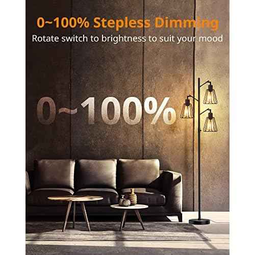 LEPOWER Industrial Floor Lamp, 3 x 800LM LED Edison Lamps Included, Floor Lamp for Bedroom with 90¡Æ Multi Head, Dimmable Floor Lamps Black for Office, Bedroom, Farmhouse Decor