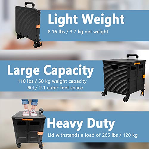 FELICON SELORSS Foldable Utility Cart with Double Wheels, Portable Rolling Crate - Black