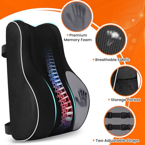 CloudBliss Lumbar Support Pillow for Office Chair - Black, Large Memory Foam
