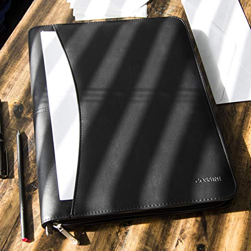 Cossini Black Vegan Leather Portfolio with Zipper & 10.1 Inch Tablet Sleeve – Business Organizer