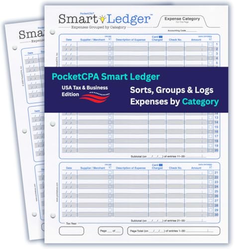 PocketCPA Smart Ledger 50 Sheets: Expense Categorization Organizer, Small Business Bookkeeping 8.5x11, Made in USA