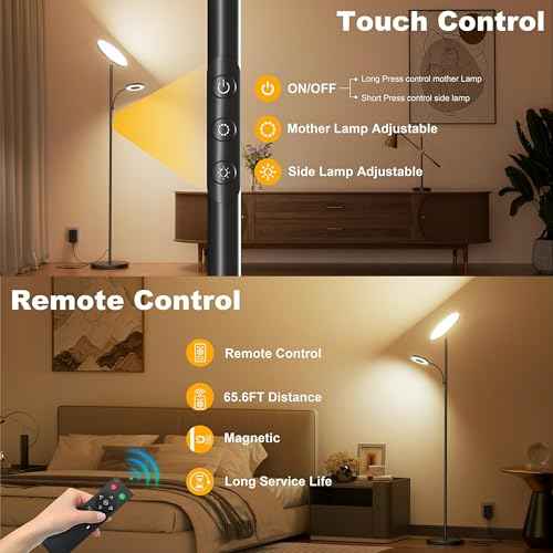 Floor Lamps for Living Room Bedroom, 42W/4300LM Super Bright LED Floor Lamp with Remote and Touch Control, Stepless Dimmable, 69" Tall Standing Lamp with Gooseneck Reading Light for Hotel Office