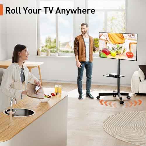 Perlegear Rolling TV Stand for 23-60 Inch LED Flat Screen/Curved TVs up to 88lbs,Mobile TV Stand Wheels with Height Adjustable Portable Rolling TV Cart Max VESA 400x400mm PGTVMC06