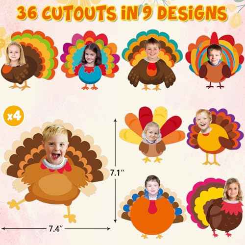 Fancy Land Turkey Cutouts for Bulletin Board Decorations Thanksgiving Cut-Out with Photo Spaces for Classroom DIY Crafts Fall Party Props Supplies 36Pcs