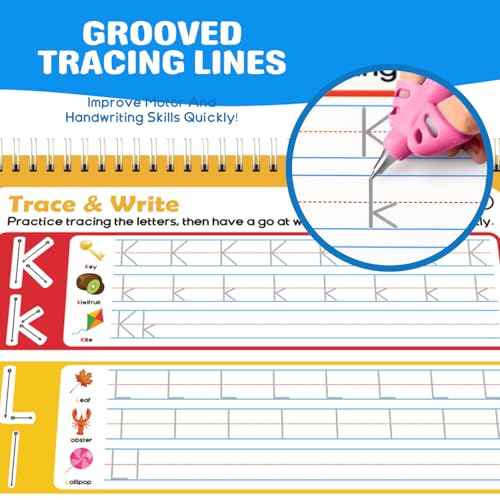 Magic Grooved Writing Practice for Kids, Reusable Grooved Handwriting Practice Workbook Ages 3-8, Large 11.2"x7.5" Preschool Learning Activities Tracing Books, Kindergarten Educational Toys for 5-7