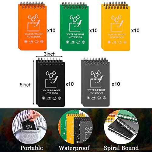 50 Pcs Waterproof Notebook Bulk, 5 x 3 Inch Pocket Notepad Top Spiral Memo All Weather Police Notebook Tactical Journal Writing Note Pad for Outdoor Activities Recording, Black Gray Blue Yellow Orange