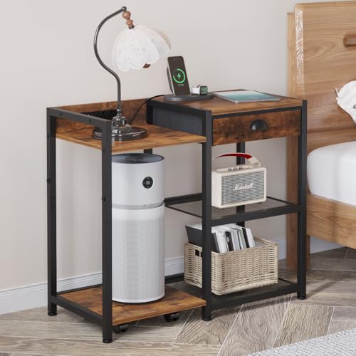 ZIWEI STAR Printer Stand with Storage Drawer,Printer Table with USB Port, 3 Tier Shelf, Base Stand with Wheels.Printer Cabinet for Home and Office.Brown