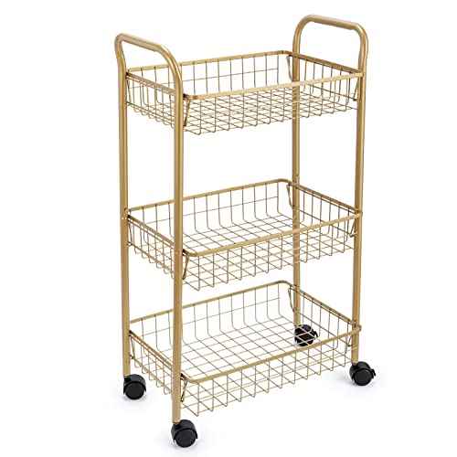 3 Tier Mesh Rolling Utility Cart, Gold Metal Organization Cart with Lockable Wheels, Multifunctional Storage Trolley Service Cart for Kitchen Living Room Office Salon