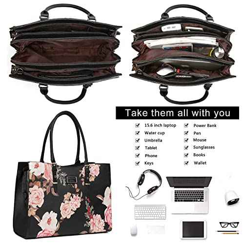 MOSISO Laptop Tote Bag Compatible with MacBook Air 15 inch M3 M2/Pro 16 M4 M3 M2 M1 & 15-15.6 inch Notebook, Peony Waterproof PU Leather Travel Work Briefcase with Adjustable PU Handle, Black