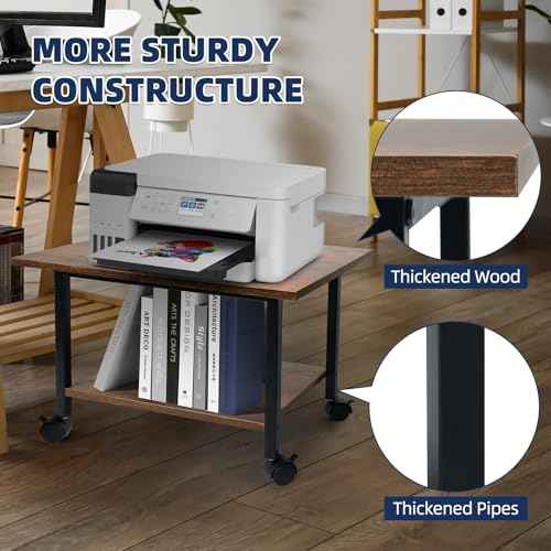 Printer Stand with Storage Shelf, Small Printer Stand for Desk Office Home, Under Desk Printer Table with Rolling Wheels, Heavy Duty Mobile Machine Cart with Shelf, Rustic Brown