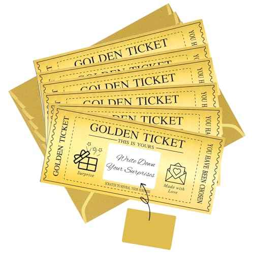 6 Sets Golden Ticket with Envelopes, Scratch off Card Surprise Gift Reveal, Card as Perfect for Birthday Card Wedding Card Concert Ticket Cinema Voucher Raffle Gift