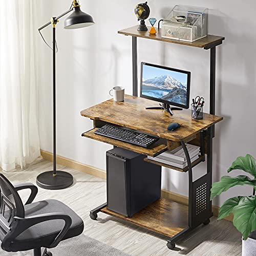 Yaheetech Rustic Brown Small Rolling Computer Desk with Hutch & Shelves