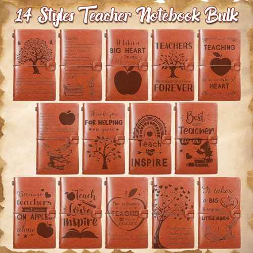 14 Pcs Teacher Appreciation Gifts Bulk Teacher PU Leather Journal Teacher Gifts Writing Notebook for Teacher's Day Graduation Gifts, 14 Styles