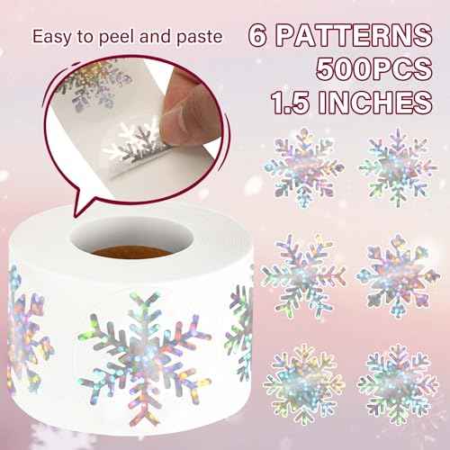 500 Pcs 1.5 inches Winter Snowflake Stickers Self-Adhesive 6 Designs for Xmas Winter Envelope Journal Decor