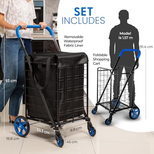 SereneLife Small Compact Folding Shopping Cart with Removable Waterproof Liner ? 360¡Æ Swivel Wheels, Rust?Proof Steel Frame, 70?lb Capacity ? Portable Grocery, Laundry & Travel Cart (Blue)