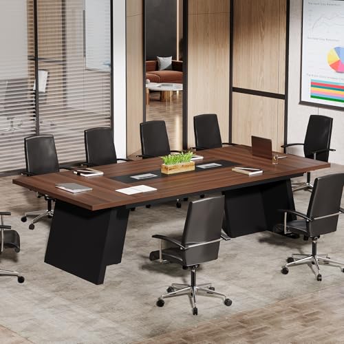 Tribesigns 8ft Conference Table Walnut & Black for 8-10 People - Modern Office Seminar Furniture with Cable Management, Model: Walnut + Black / 1