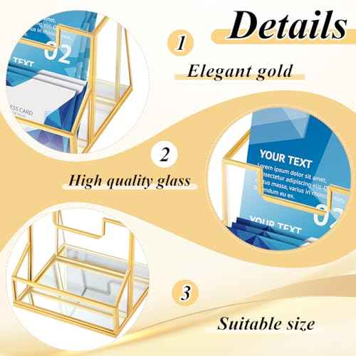 2 Pcs 4 Inches Gold Glass Brochure Holder Countertop Literature Trifold Pamphlet Stand with Business Name Card Holder Flyer Brochure Display for Magazine, Booklets, Menu, Journals Display