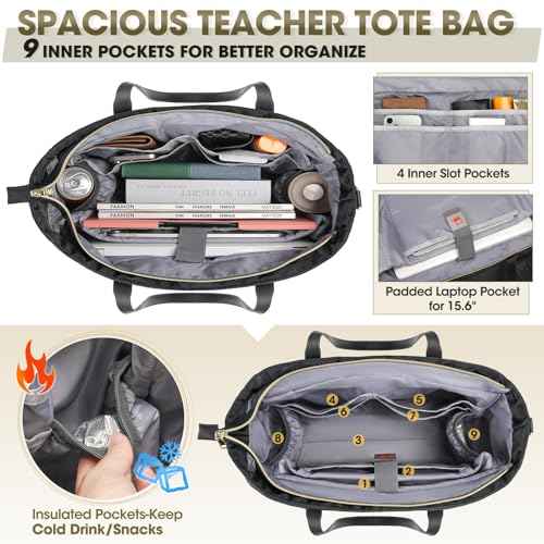 RAINSMORE Laptop Bag for Women 15.6Inch Teacher Tote Bag Work Bags for Women Nurse Bag Professional Laptop Tote Computer Messenger Laptop Briefcase Large Handbag for Office College Nursing, Black