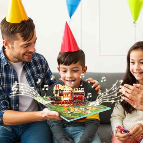 Musical Train Birthday Cards, 3D Lights and Music Happy Birthday Card, Pop Up Birthday Card, Funny Train Birthday Gift, for Son Daughter Boys Girls Nephews Nieces Kids Friends.