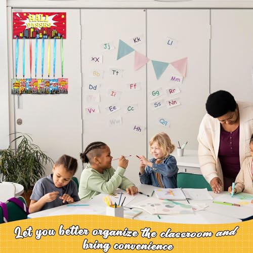 City Hero Wooden Hall Passes Set for Classroom Management with Lanyards - Multi-Colored Teacher Supplies
