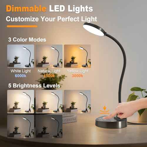 15W LED Desk Lamp with USB Charging Ports ? Dimmable Table Lamp with 3 Color Temps, 5 Brightness, 4 Timers, Flexible Gooseneck Light with Base, Eye-Caring Reading Light for Home Office, Bedroom, Study