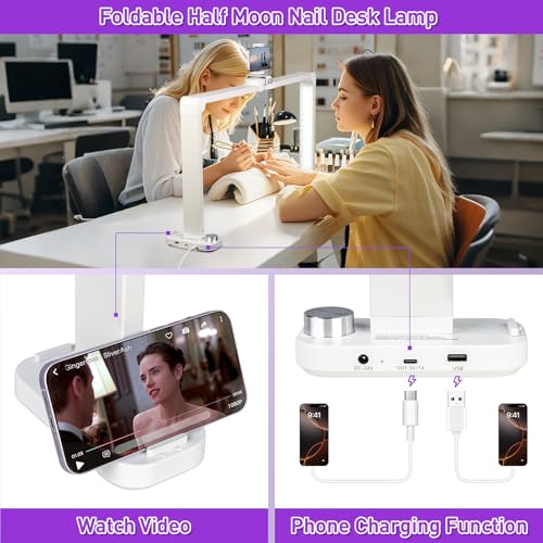 HITTI 456 LEDs Bright Nail Tech Lamp for Desk, 34 Inch Foldable Large Nail Arch Light with Phone Holder, Stepless Dimming & 3 Modes Half Moon Table Light for Manicure/Lash Extension/Tattoo/Beauty
