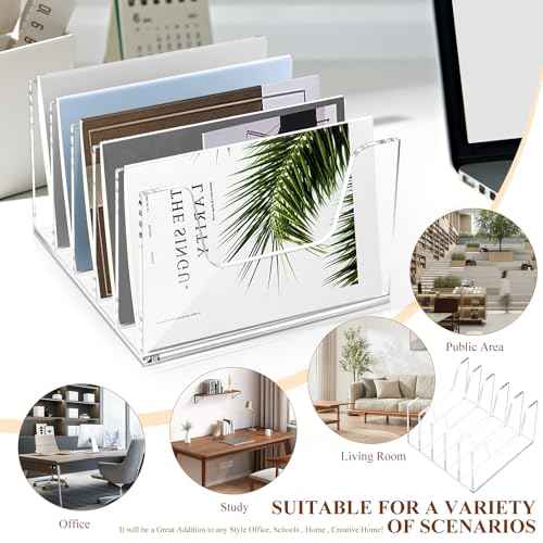 Clear Acrylic Magazine File Holder Workspace 5 Section Bookshelf Upright Book Paper Magazine Notebooks Envelopes Mail Sorter Holder Organizers for Desk Home Office Classroom