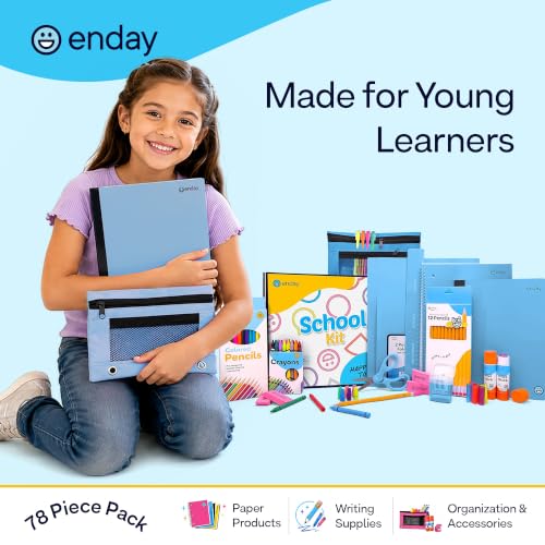 Enday Kids School Supplies Kit Blue - 78 Items for Grades K-5