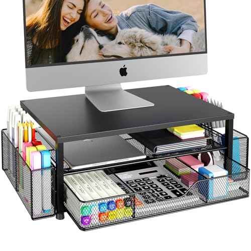 Desk Organizer and Accessories, 2-Tier Computer Monitor Stand Riser with Drawer and 2 Pen Holders, Laptop Stand, Office Desk Accessories for Office Supplies, Black