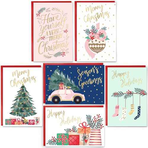 24 Pack Gold Foil Christmas Cards with Envelopes and Inside Messages 6 Assorted Designs Christmas Cards Bulk for Friends, Family, Kids, Boys, Girls.