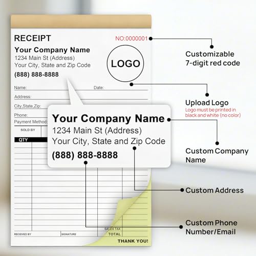 Custom Receipt Book with Carbon Copies, 5.5 x 8.5 in - 100 Sets (2 Books x 50) VJY