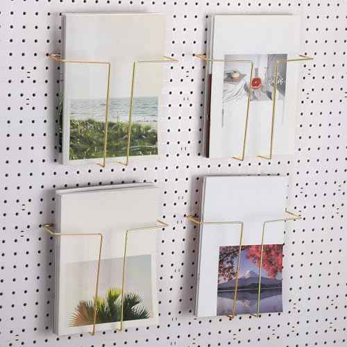 4 Pair Pegboard Display Shelves Expandable Width Metal Magazine Holder Hanging Wall File Organizer Pegboard Accessories Wall Decor for Pantry Exhibitions Trade Show Retail Store(Gold)