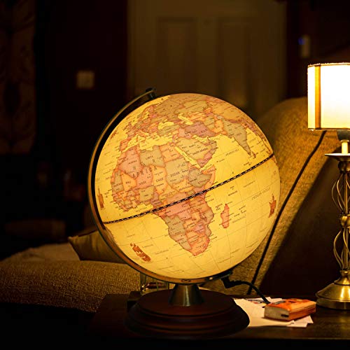 Illuminated World Globe for Adults & Kids with Wooden Stand,Built in LED Lamp for Illuminated Night View Antique Globe for Home D?cor and Office Desktop 8inch