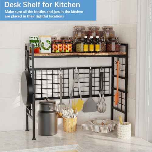 GIOTORENT 2-Tier Metal Desk Hutch with Grid Panel, 32.9" Wide Desk Shelf for Top of Desk, Industrial Style Countertop Storage Rack & Desktop Bookshelf for Office & Dorm, Rustic Brown