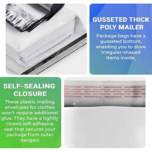 Gusseted Poly Mailers, 15 x 20 x 4 Inches. Pack of 100 White Expansion Poly Mailers Bags. Lightweight Plastic Shipping Bags for Clothing, 2.4 Mil. Waterproof Envelope for Shipping Peel & Seal