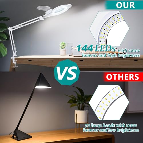 10X Magnifying Glass with Light, NUEYiO 2200 Lumens Stepless Dimmable Mangifier with Light, 4.2" Real Lens, Adjustable Metal Swing Arm Lighted Magnifying Lamp for Esthetician, Crafts, Close Work