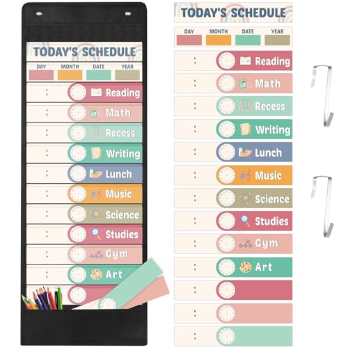 Pasimy Daily Schedule Pocket Chart - Colorful Rainbow Classroom Organizer with 14 Pockets