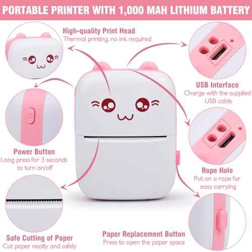 Eschen Pocket Mini Printer, Portable Printer with 6 Rolls Printing Paper for iOS Android Smartphone, Label Receipt Sticker Photo List Notes Inkless Printing Gift, Pink