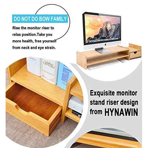 Monitor Stand Riser Desk Organizer-Bamboo 2 Tier Laptop Stand With Drawers, Adjustable Desktop Storage Organizer For Computer, Printer, Cellphone-Use In Office,Home /Reduce Neck &Eye Strain(Basic)