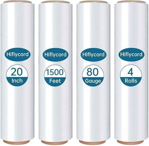 Hiflycord Stretch Wrap Film 20 Inch x 1500FT, 80 Gauge Industrial Strength Adhere Pallet Wrap - Heavy Duty Shrink Wrap Roll Good for Moving & Shipping (4 Roll Clear)