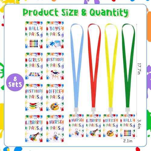 8 Packs Art Hall Passes, Unbreakable PVC School Passes and Soft Lanyards Set, Elementary Middle School/Teacher Supplies for Classrooms Hall Library Restroom Nurse Office Supplies