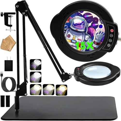 15X Magnifying Glass with Light and Stand, 2-in-1 Lighted Magnifying Desk Lamp Dimmable Magnifier Lamp with Light and Clamp Long Arm 84PCS LED Beads Real Glass Lens for Work Close Work Hobby