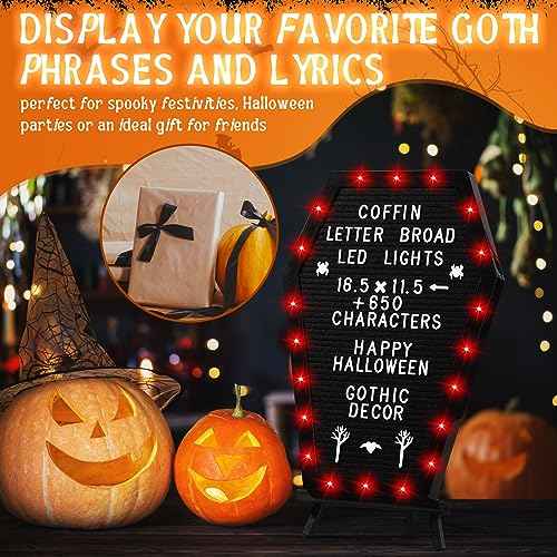 Sintuff Coffin Letter Board with Stand Built in LED Lights, 620 Characters, Halloween Style Changeable Spooky Gothic Letter Board Decor for Home, Office, Bistro(Red LED Light)