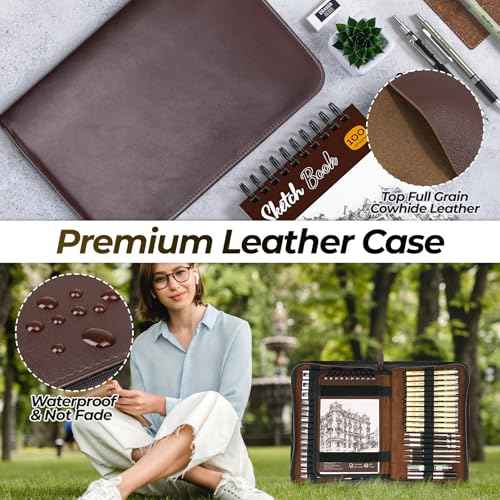 Nicpro 58 PCS Art Drawing Supplies Kit in Leather Case, Art Mechanical Pencil Set with 6 Metal Drafting Pencil 0.5 & 0.7 & 0.9 & 2mm, 12 Micron Pen, Sketch Book, 30 Tube Lead Refills for Sketching